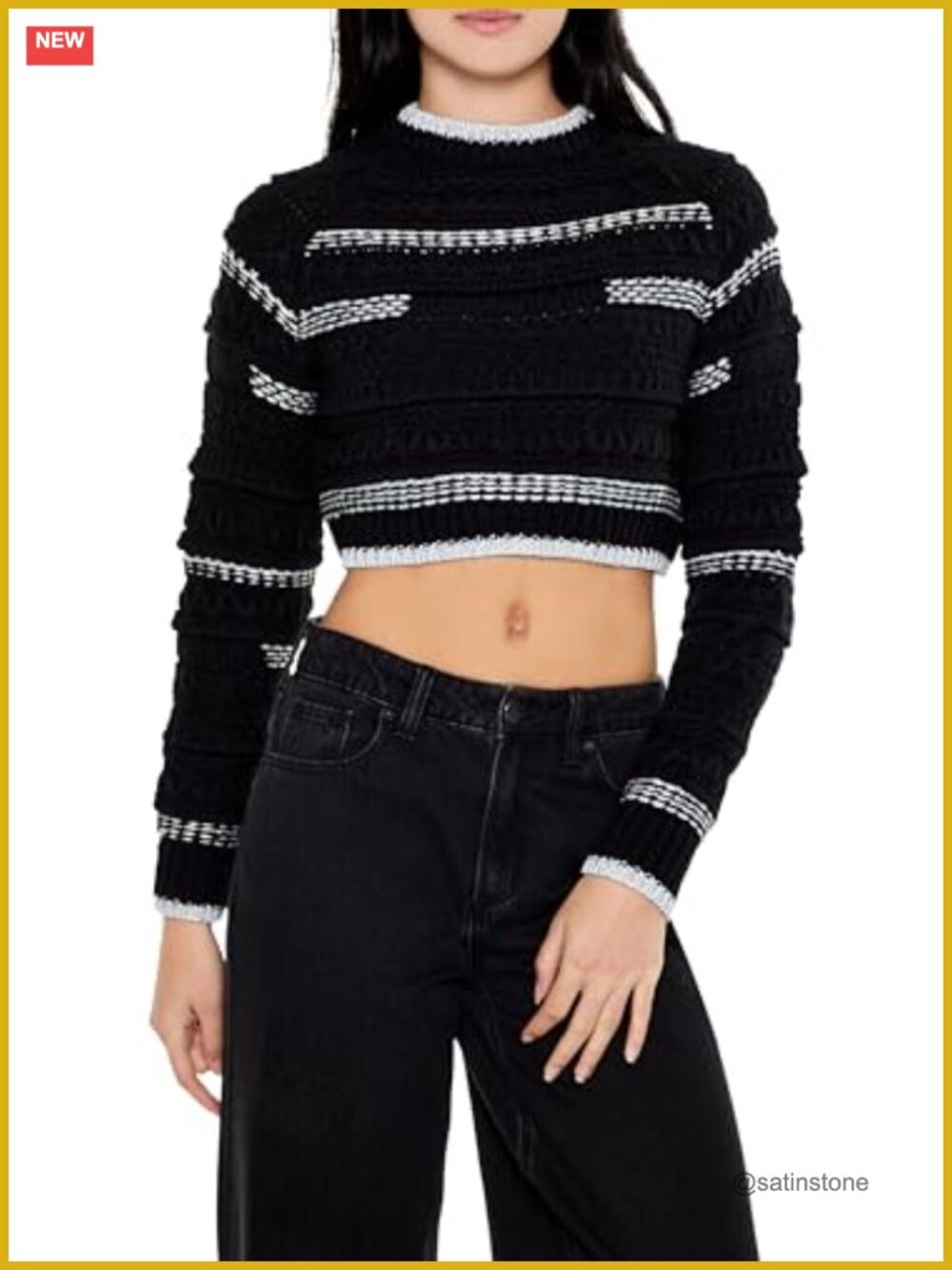 Textured Two-Tone Striped Sweater Pullover Slim Fit Cropped